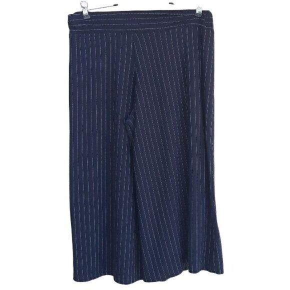 Larry Levine Pants Gaucho Stretch Cropped Wide Leg Pull On Striped Black Sz M - Picture 2 of 8